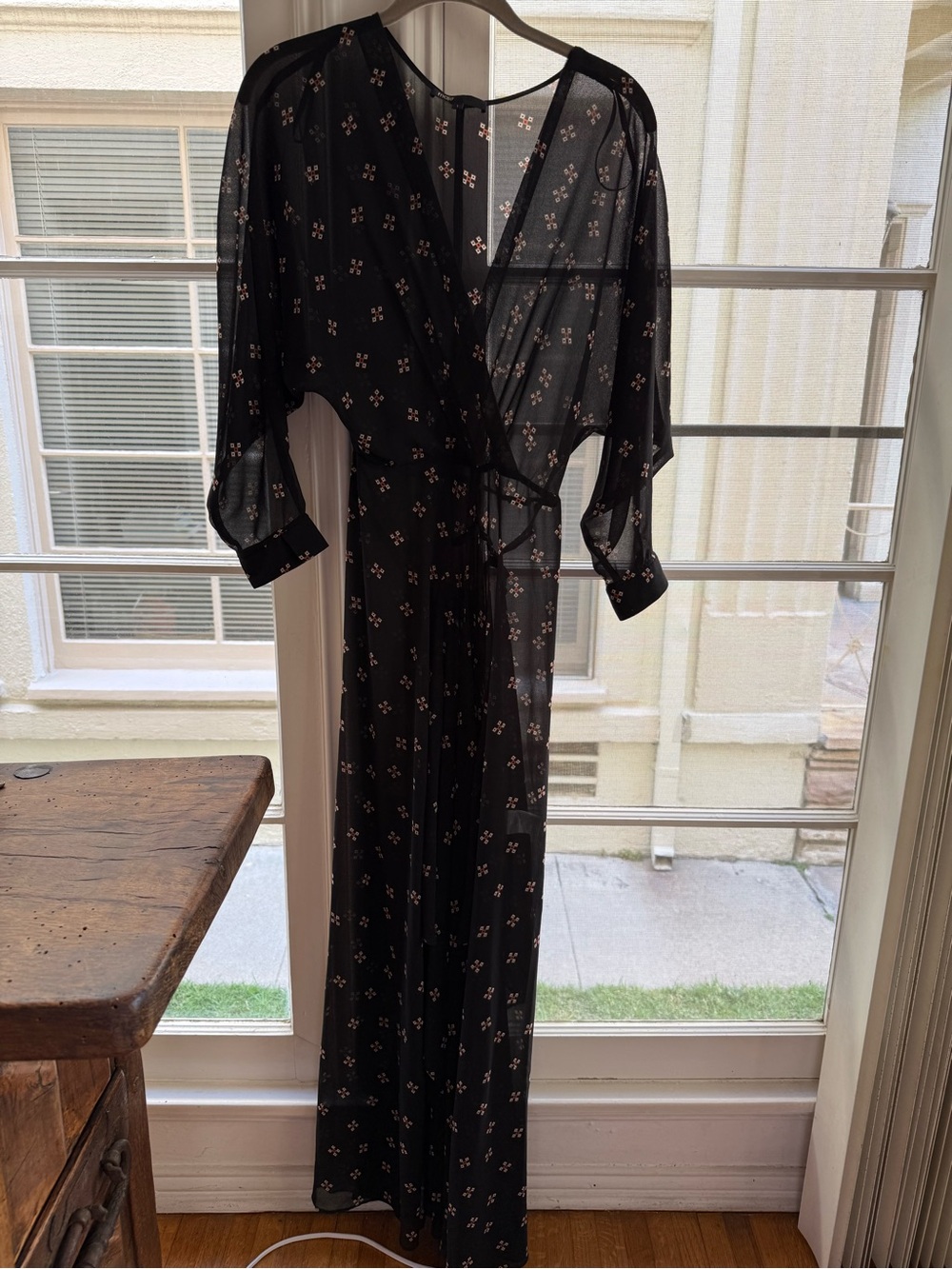 Maje Black Sheer Dress with Ivory and Red Geometric Motif